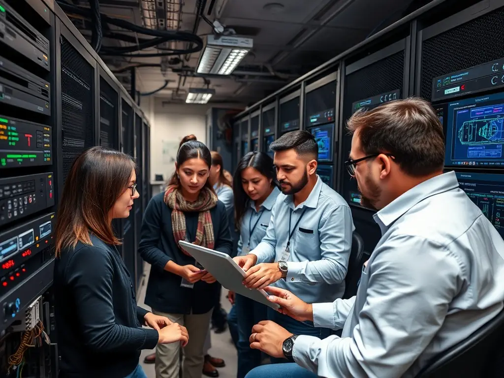 A team of engineers working on integrating AI technology into a business system for a supply chain company, with server racks and code visible on screens.