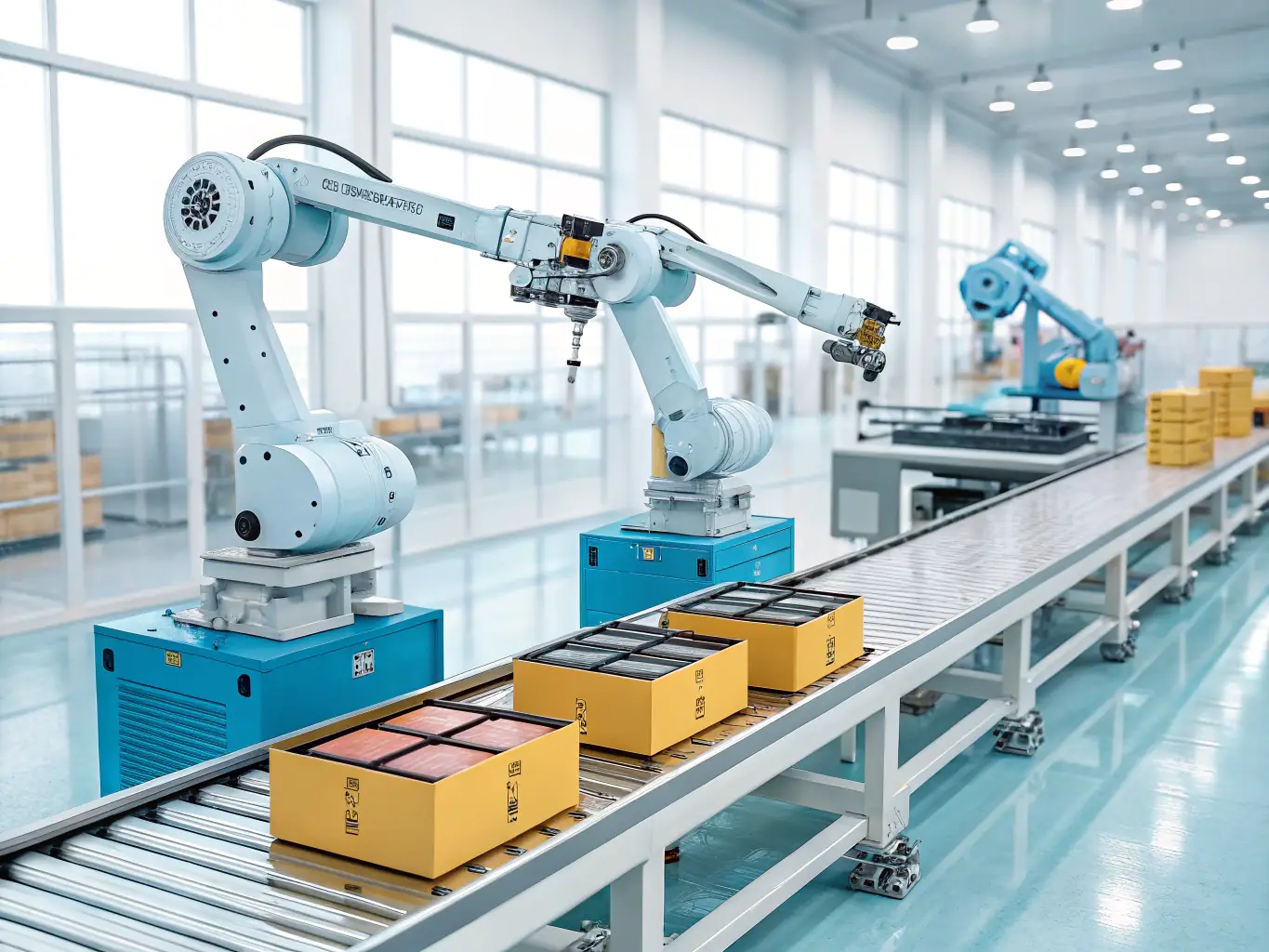 A digital illustration depicting a smart factory with robots working on an assembly line, connected to a central AI system that monitors and optimizes the production process in real-time. The image should convey efficiency, automation, and technological advancement.
